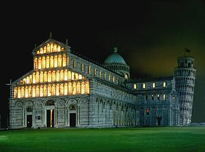 Leaning tower lit up at night