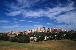 Edmonton downtown core with houses in foreground