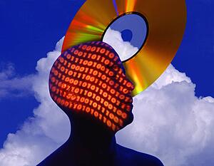 Silhouette of man with binary numbers and cod room