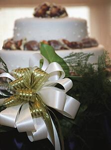 Closeup of bow in front of wedding cake