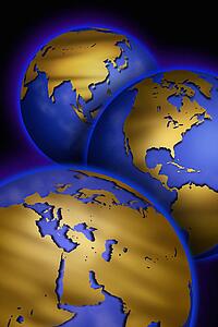 Three globes with unmarked maps of different continents