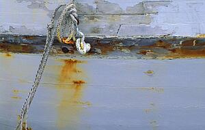 Mooring tackle and ropes on wooden boat