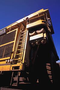 Closeup view of front of ore truck