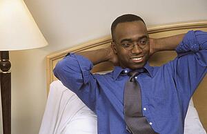 Relaxing in his hotel room
