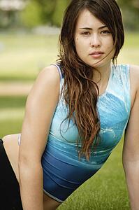 Woman with blue sleeveless tank