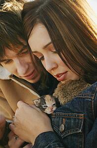 Couple cuddle a kitten