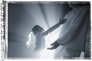 Child runs into the arms of Jesus