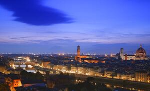 Arno River at Dusk Ponte Vecchio and Duomo Florence Tuscany Italy 