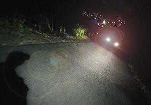 A vehicle's headlights at night