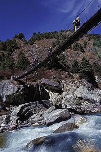 People crossing a rope bridge above a river