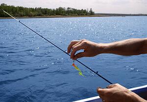 Lure being put on fishing line