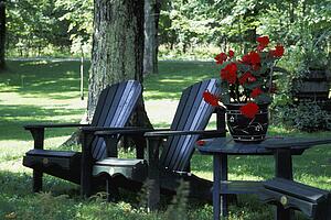 Outdoor chairs and table with red pot plant