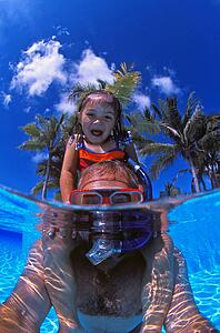 Father and daughter playing in the pool