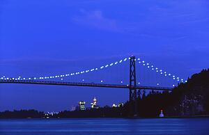 A suspension bridge at night