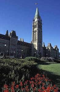 Exterior of large building and clock tower