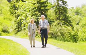 A senior couple taking a stroll