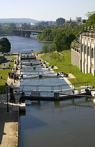 Canal, locks and distant skyline