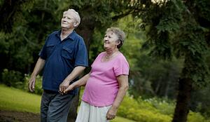 Happy senior couple strolling in the park