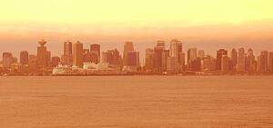 Skyline of foggy city