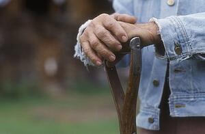 Weathered hands holding a cane