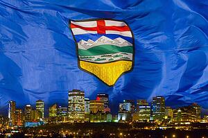 Flag of Alberta over Edmonton