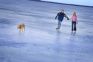 Couple skating on a frozen lake