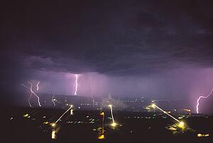 Lightning and thunderstorm over old mining town 