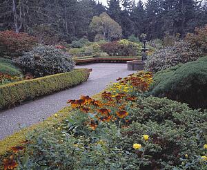 Plaza filled with flowers and shrubs