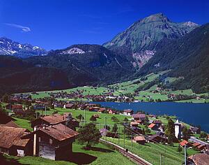 Swiss village on shore of Lake Lungernsee