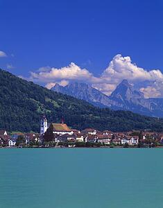 Swiss town on lakeside