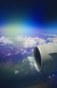 Jet engine of airplane in flight