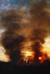 Sunset behind columns of smoke