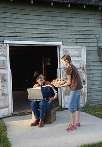 Granddaughter bringing pie to her grandfather