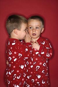 Young male twin child whispering to other twin.