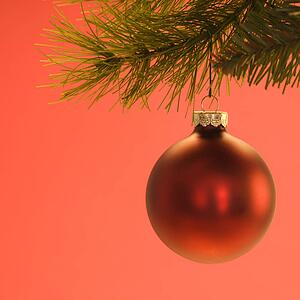 Still life of red Christmas ornament hanging from pine branch.