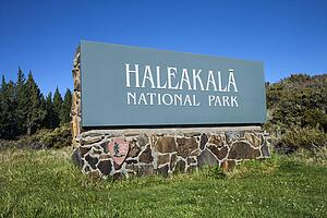 Haleakala National Park entrance sign in Maui, Hawaii.
