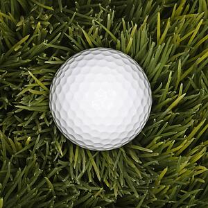 Studio shot of golfball laying in grass.