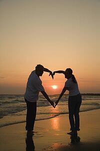Mid-adult couple making heart shape with arms on beach at sunset.