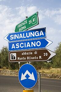 Road signs pointing different directions in Tuscany, Italy.