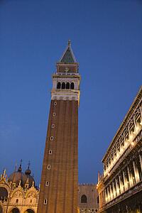 Campanile in Piazza San Marco at dusk in Venice, Italy.