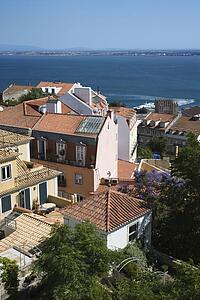Aerial view of buildings on coast in Lisbon, Portugal.