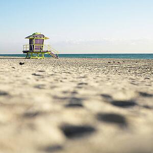 Art deco lifeguard tower on deserted beach in Miami Florida USA