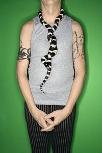 California Kingsnake draped around Caucasian mid-adult male's neck.
