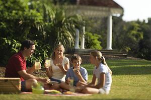 Caucasian family of four having picnic in park.