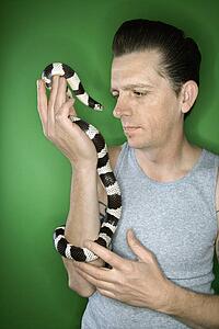 Caucasian mid-adult male holding California Kingsnake.