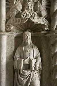 Sculpture of man on exterior of Mosteiro dos Jeronimos in Lisbon, Portugal.