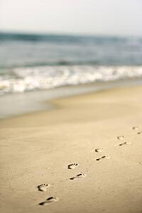 Scenic sandy coastline with footprints and waves.
