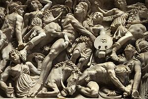 Relief sculpture of battle scene in the Vatican Museum, Rome, Italy.