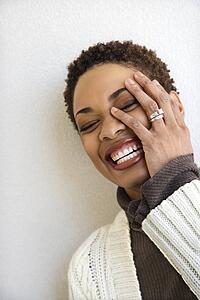 Close up head and shoulder of African-American woman standing against white wall smiling with hand on face and eyes closed.