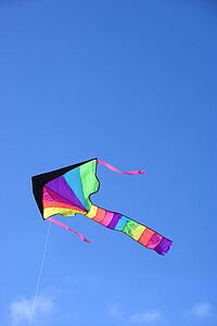 Colorful kite flying in blue sky.